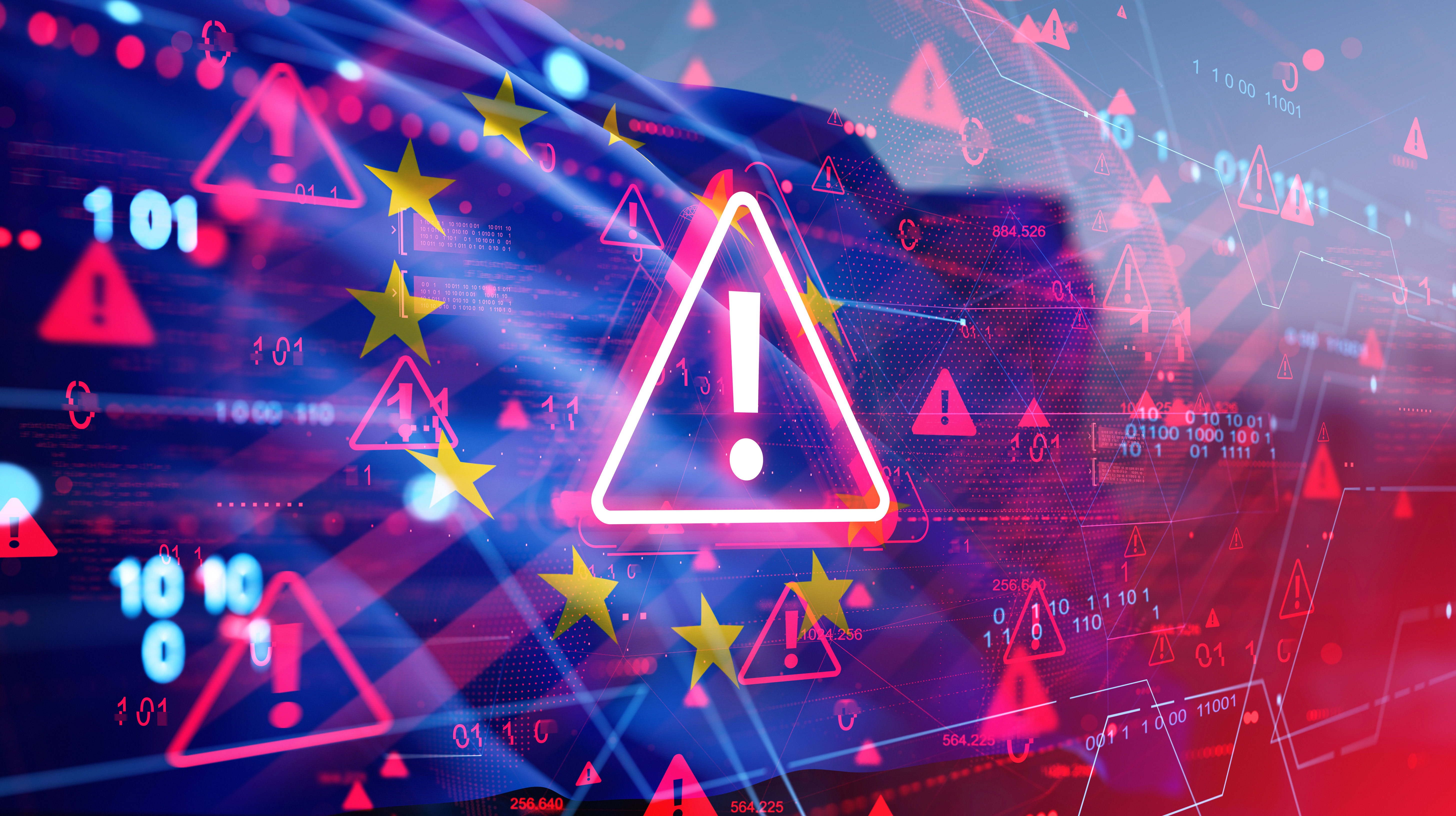 Cybersecurity warning concept with alert symbols and EU flag amid digital virus and hacking threats on internet system background in glowing interface style