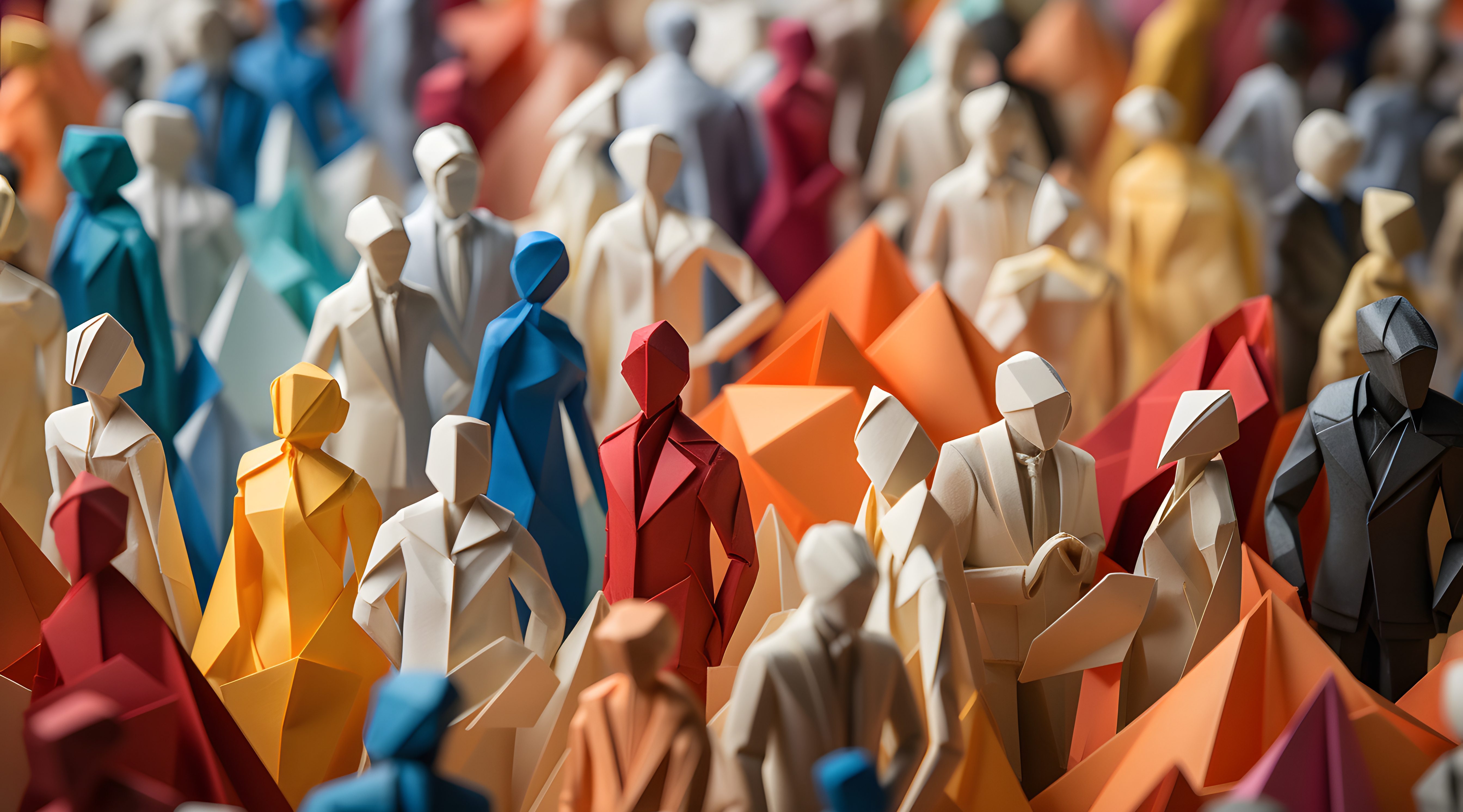 Large crowd of diverse people in origami form inside a town