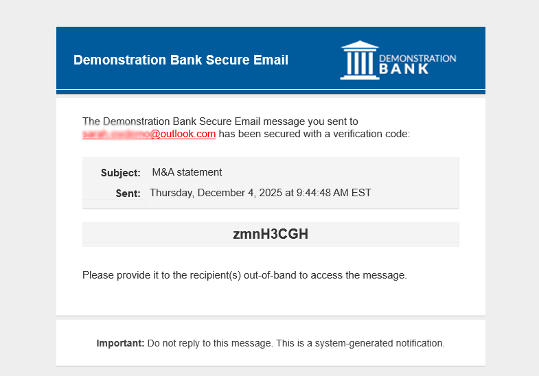 Screenshot of Echoworx Encrypted Document Verification Code message to sender