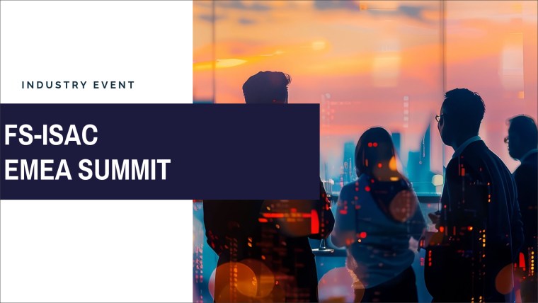 A banner for the FS-ISAC EMEA Summit with a bunch of business people looking out a window