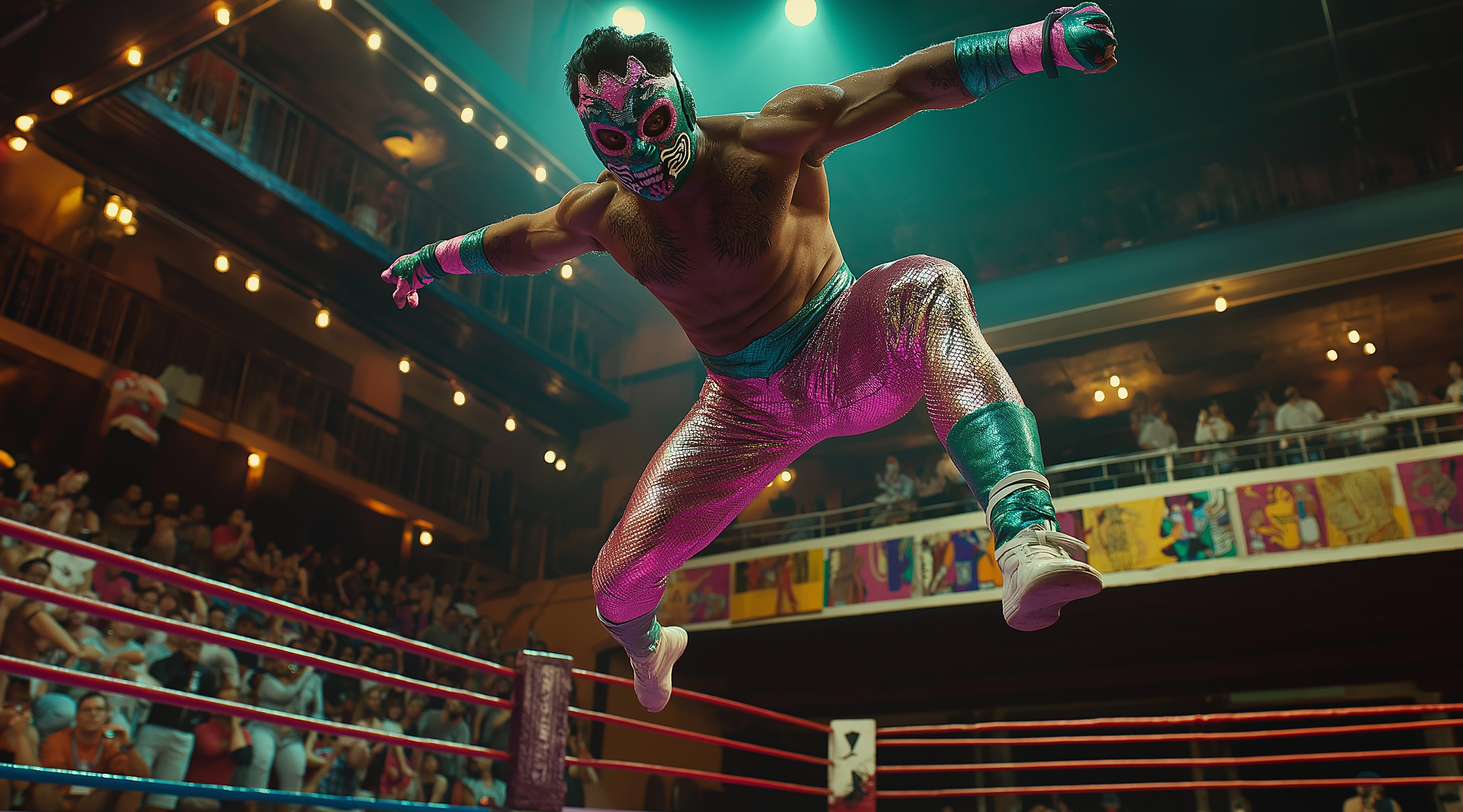 Masked luchador is illuminated by spotlights while jumping high above the ring during a wrestling match