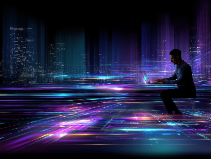 Man sitting on a chair at a desk typing on a computer with neon lights all round depicting cloud security network and fast moving data