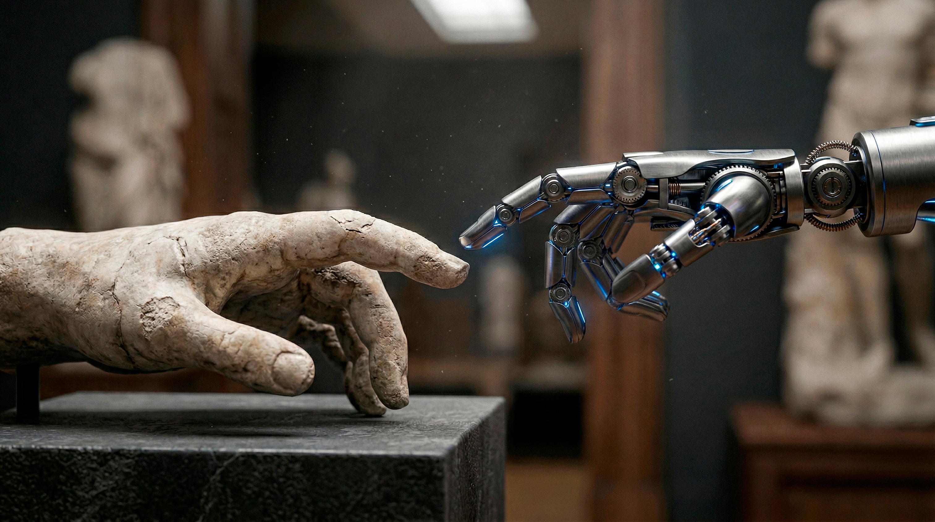 The hand of an AI robot touches the hand of an ancient marble statue in a museum gallery. This striking scene creates a contrast between past and future.