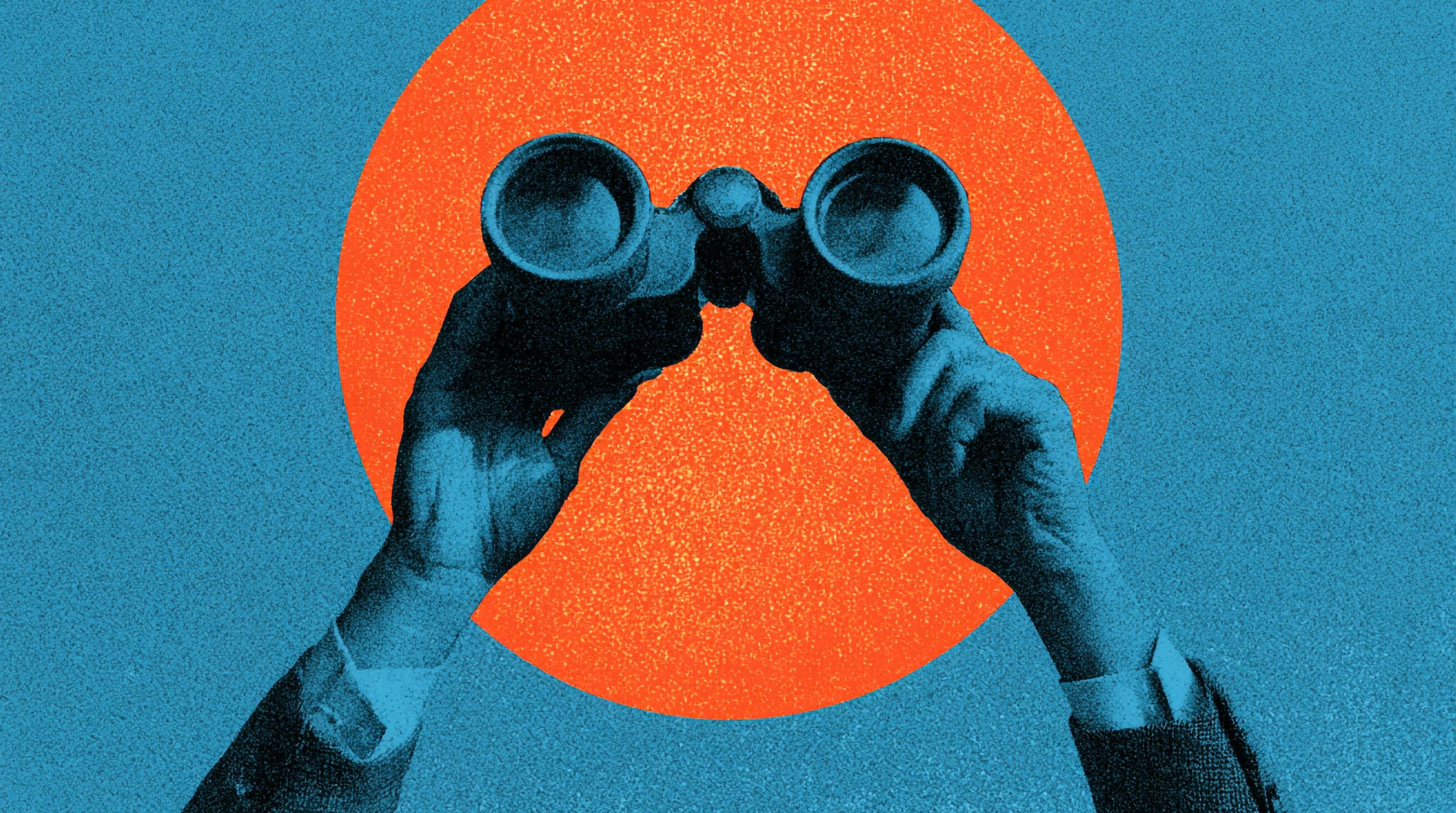 Focused Businessman Looking Through Binoculars Searching for Future Opportunities and Vision Concept