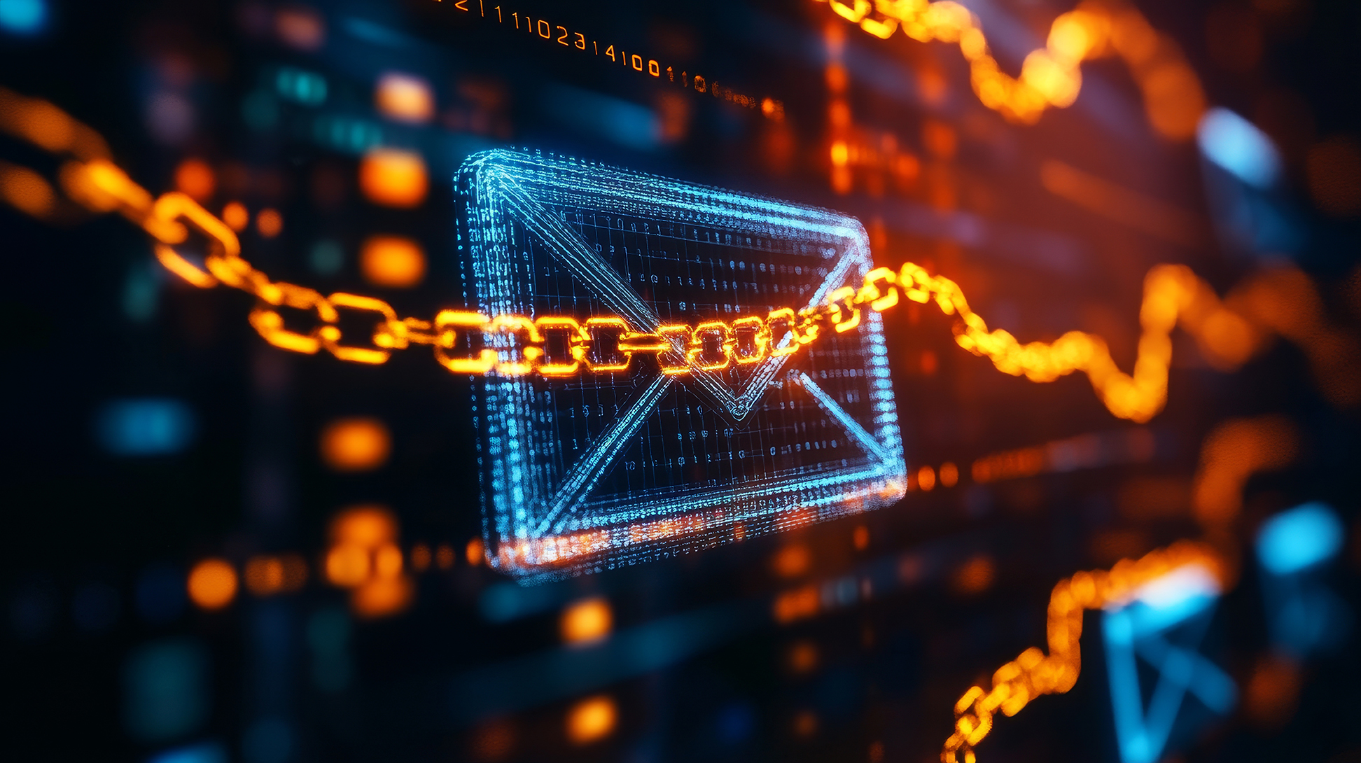 This image depicts secure email communication symbolized by a digital envelope and a chain, representing safety and connectivity.