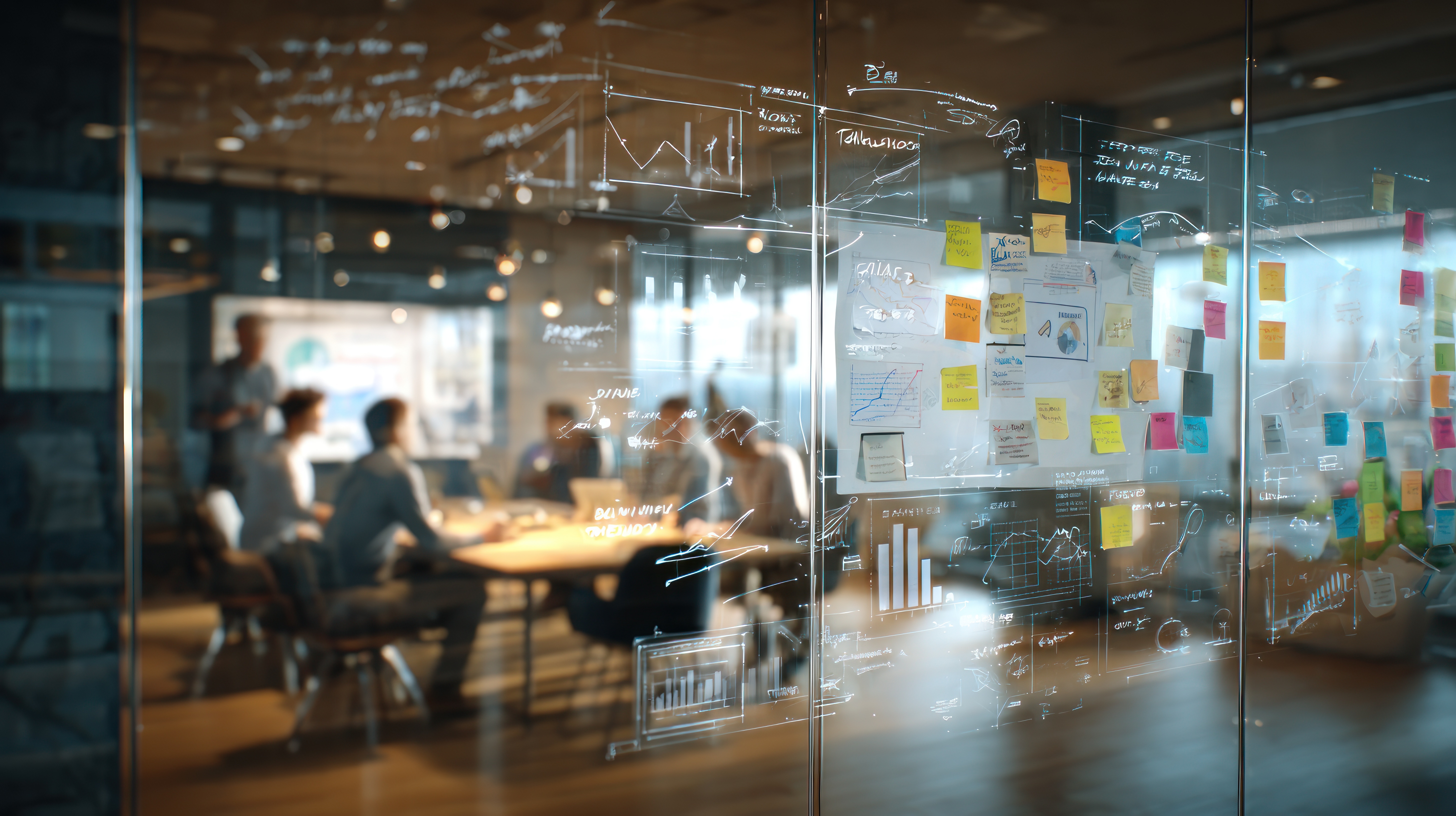 A group of people are gathered at a table inside an office setting. The composition includes a glass wall with various notes and drawings. Suggesting a collaborative work environment.